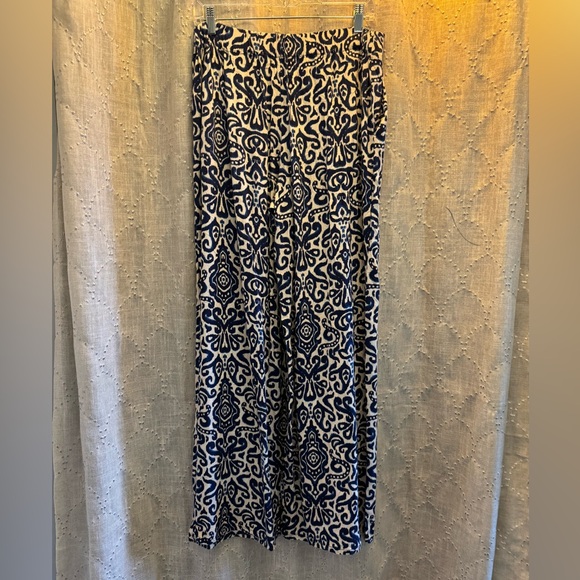Zara Boho White Blue Print Side Pockets Elastic Waist Wide Leg Pants• Medium - Picture 5 of 10